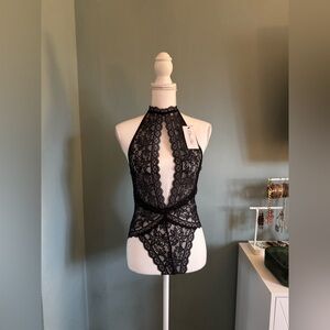 NWT Black Lace Halter Bodysuit Chemise - Elegant Sheer Intimates